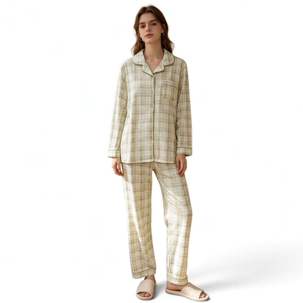 JOANNA FASHION model wearing a light green plaid button-down pajama set with long sleeves and relaxed-fit trousers.