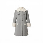 JOANNA FASHION girls grey herringbone winter coat with white faux fur collar, cuffs, and floral applique details.
