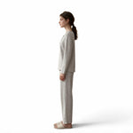 JOANNA FASHION women's long sleeve pajama set in a light grey patterned fabric with a relaxed fit and button detail.