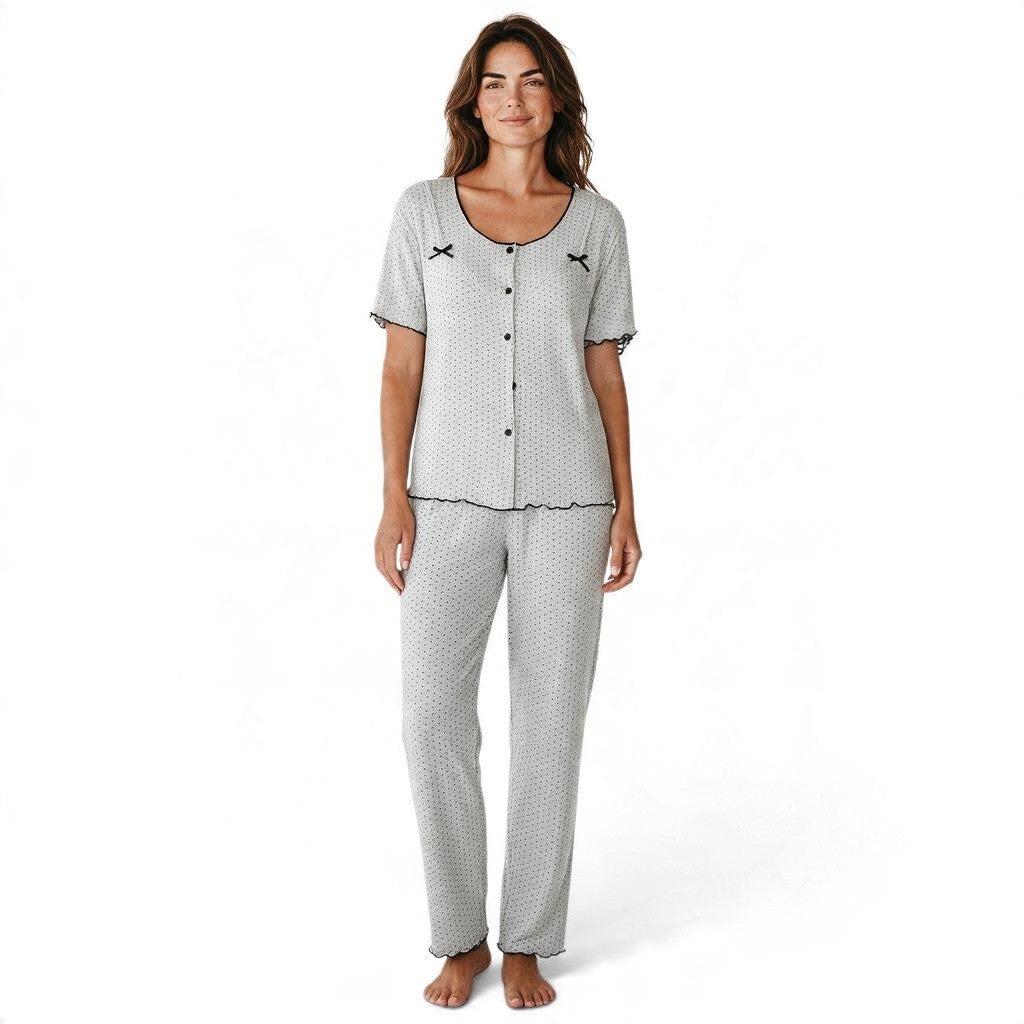 JOANNA FASHION women's grey polka dot pajama set with short sleeves, button-down top, and lettuce-edge trim.
