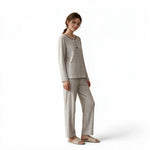 JOANNA FASHION women's long sleeve pajama set in a light grey striped pattern with button-down detail and relaxed fit.