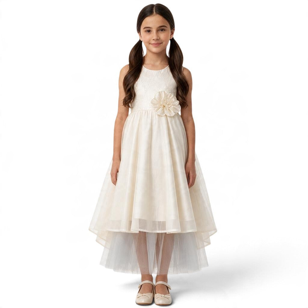 JOANNA FASHION girl wearing an ivory sleeveless formal dress with a lace bodice, floral waist detail, and tulle skirt.