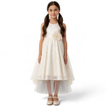 JOANNA FASHION girl wearing an ivory sleeveless formal dress with a lace bodice, floral waist detail, and tulle skirt.