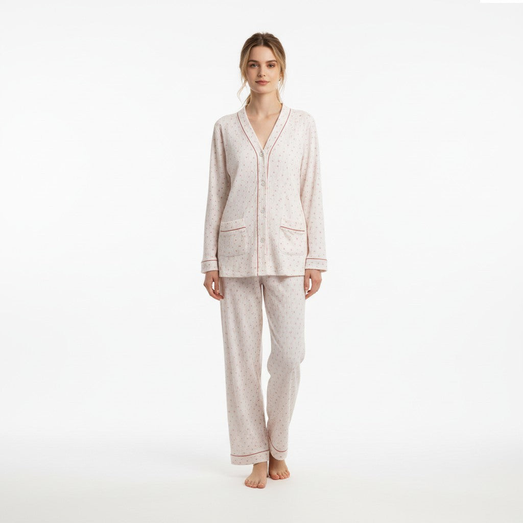 JOANNA FASHION long sleeve button-down pajama set in cream with subtle print and contrast piping on a model