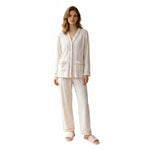 JOANNA FASHION long sleeve pajama set with button-down top, V-neck, and subtle print with delicate piping details.