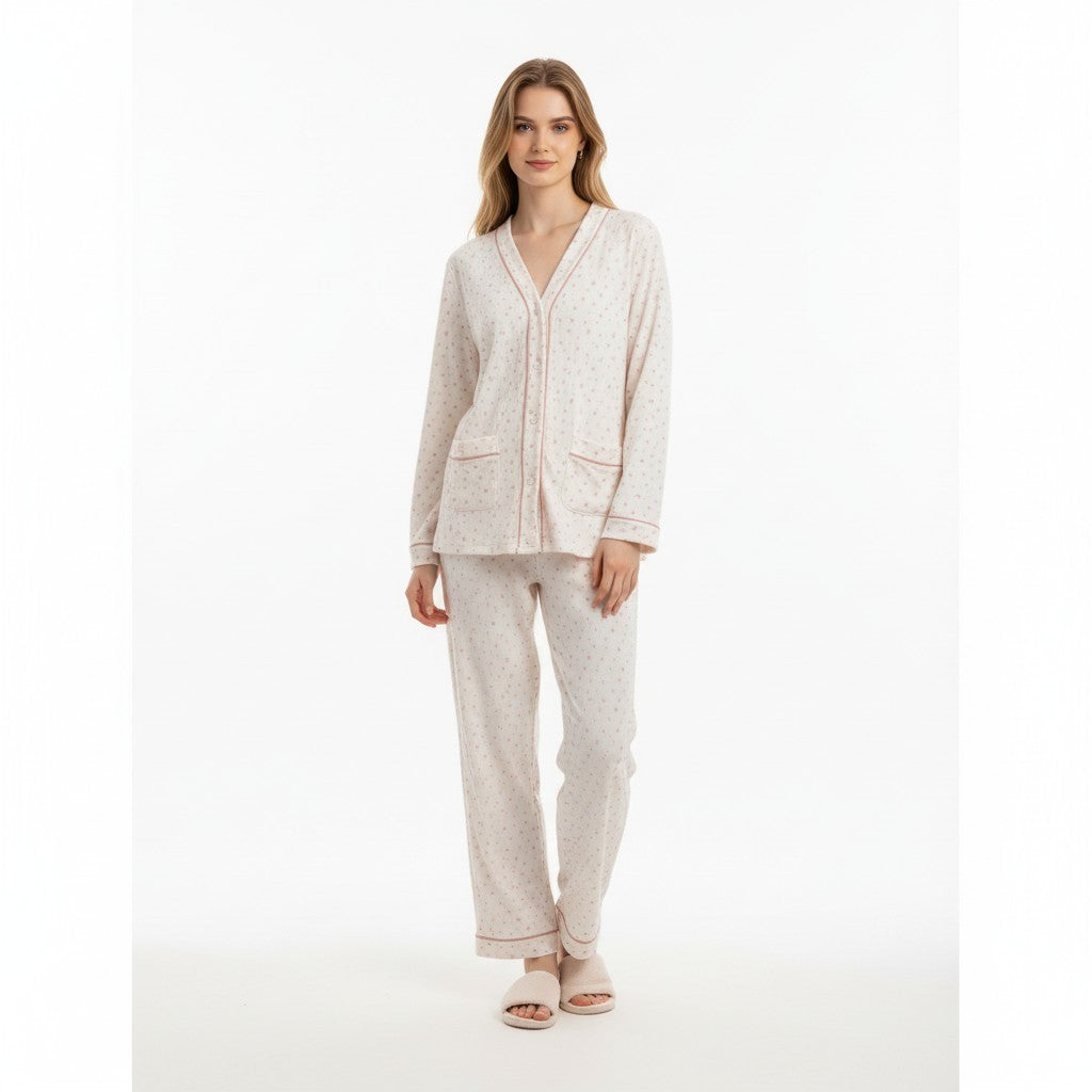 JOANNA FASHION long sleeve button down pajama set in cream with subtle print and delicate piping details