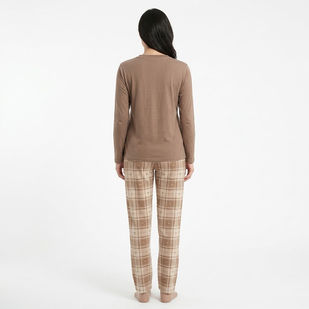 JOANNA FASHION women's long sleeve pajama set with a solid brown top and plaid trousers, back view