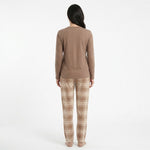 JOANNA FASHION women's long sleeve pajama set with a solid brown top and plaid trousers, back view