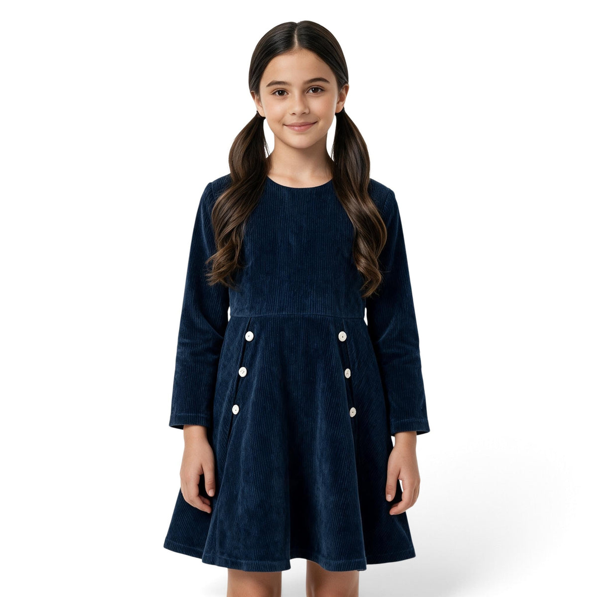 A young girl wearing a JOANNA FASHION navy blue long-sleeve corduroy dress with white button details at the waist.