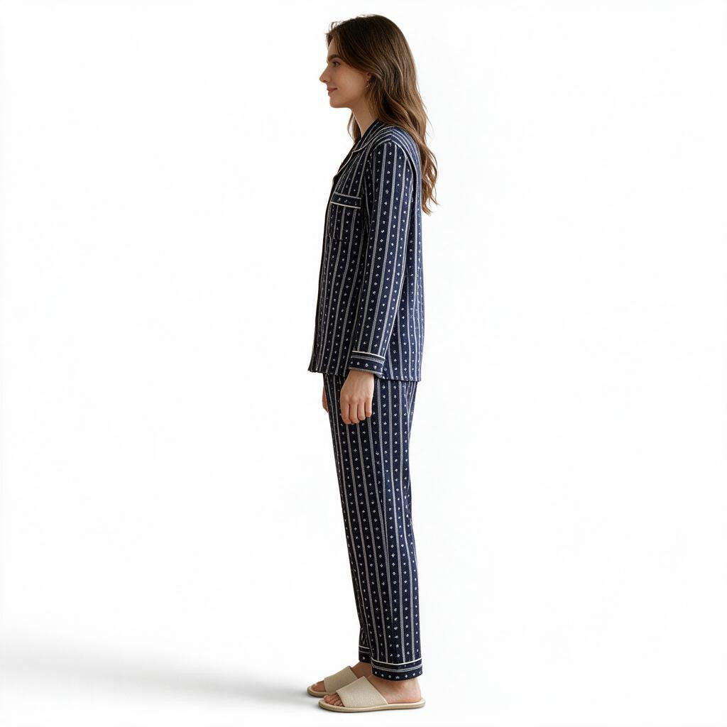 JOANNA FASHION navy blue floral striped pajama set with white piping worn by a woman in profile view