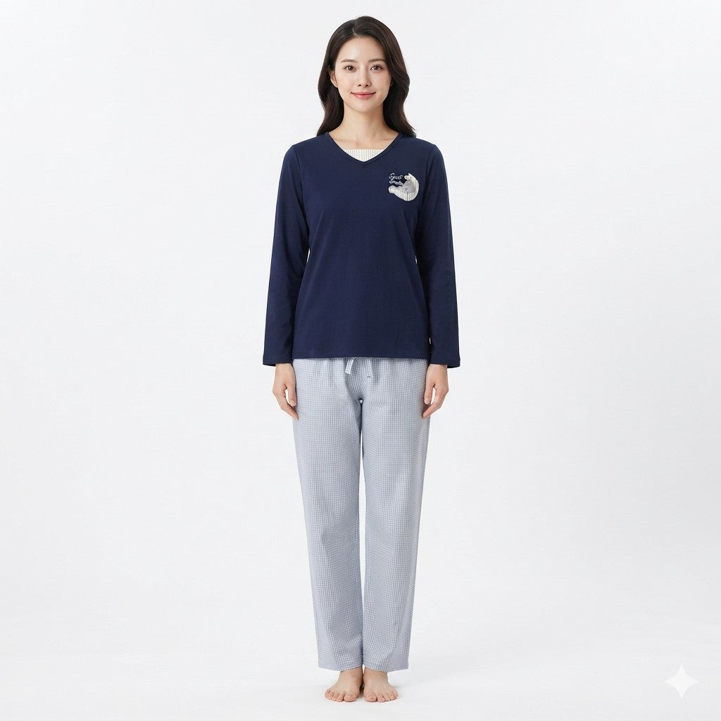 JOANNA FASHION women's navy V-neck long sleeve pajama top with graphic and light grey gingham check trousers