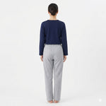 JOANNA FASHION women's pajama set with a navy blue long-sleeve top and grey gingham check trousers, back view.