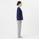 JOANNA FASHION women's navy long-sleeve V-neck pajama top and grey gingham trousers in a side view