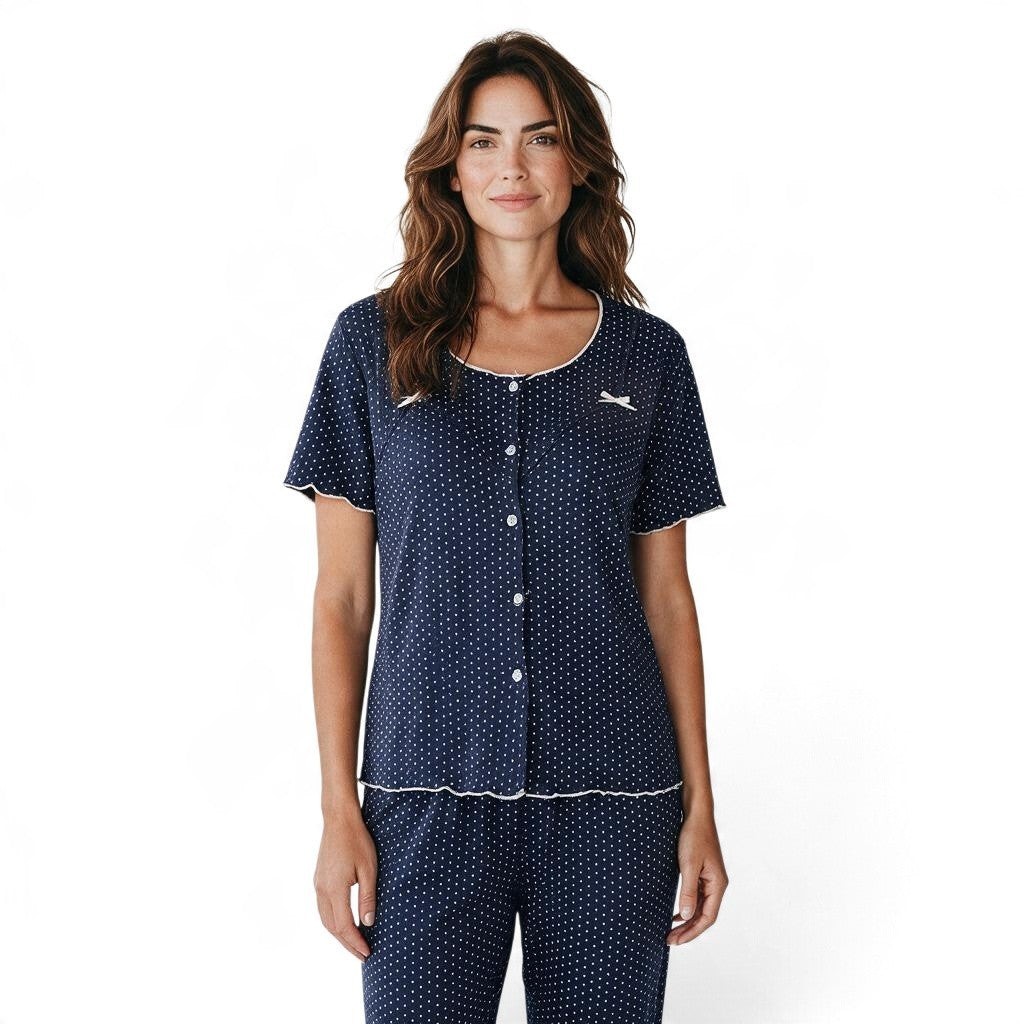 JOANNA FASHION navy blue polka dot pajama set with short sleeves, button-down top, and lettuce-edge trim.