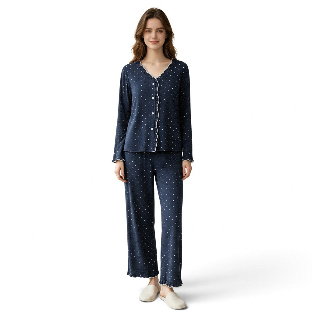 JOANNA FASHION navy blue polka-dot pajama set with long sleeves, button-down top, and scalloped trim details.
