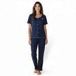 JOANNA FASHION navy blue polka dot pajama set with short sleeves, button-down top, and lettuce-edge trim on a model.