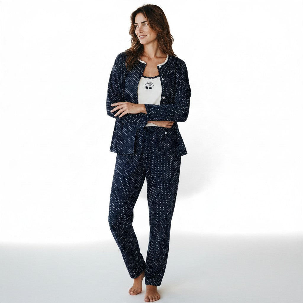 JOANNA FASHION three-piece navy polka dot pajama set with cardigan, tank top with cherry motif, and relaxed pants