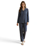 JOANNA FASHION navy blue striped floral pajama set with white piping, button-down top, and relaxed-fit trousers.