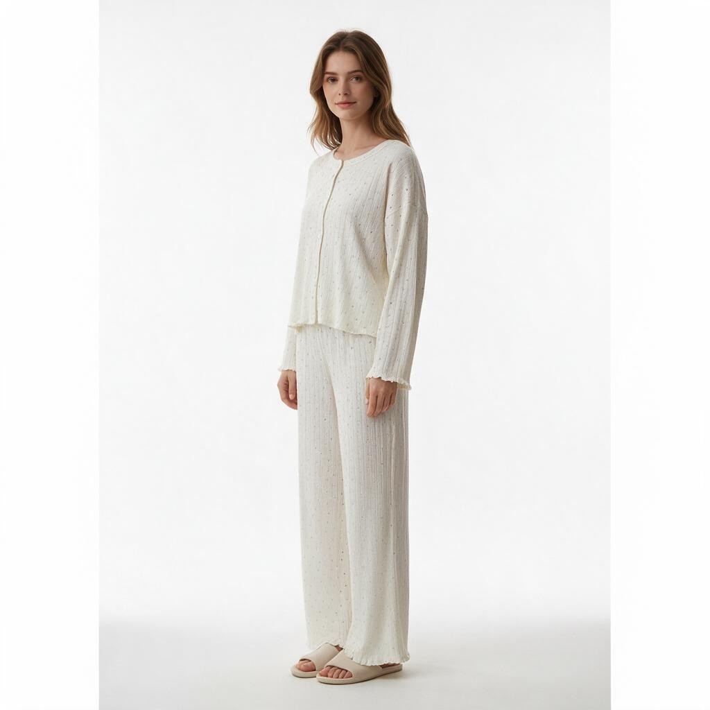 JOANNA FASHION off-white two-piece lounge set with button-down top and wide-leg trousers featuring lettuce-edge hems.