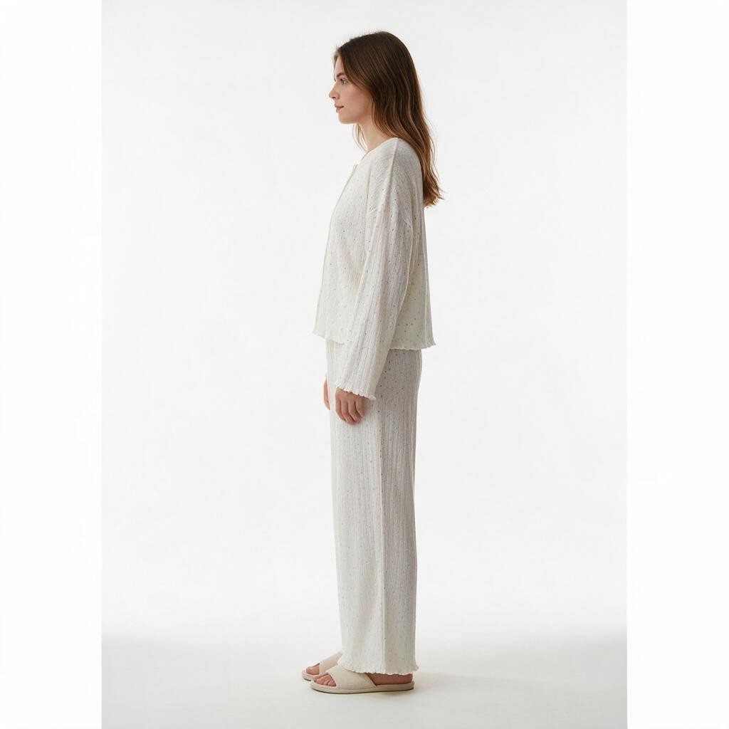 JOANNA FASHION off-white two-piece lounge set with button-down top and wide-leg trousers featuring lettuce-edge hems.