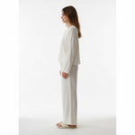 JOANNA FASHION off-white two-piece lounge set with button-down top and wide-leg trousers featuring lettuce-edge hems.