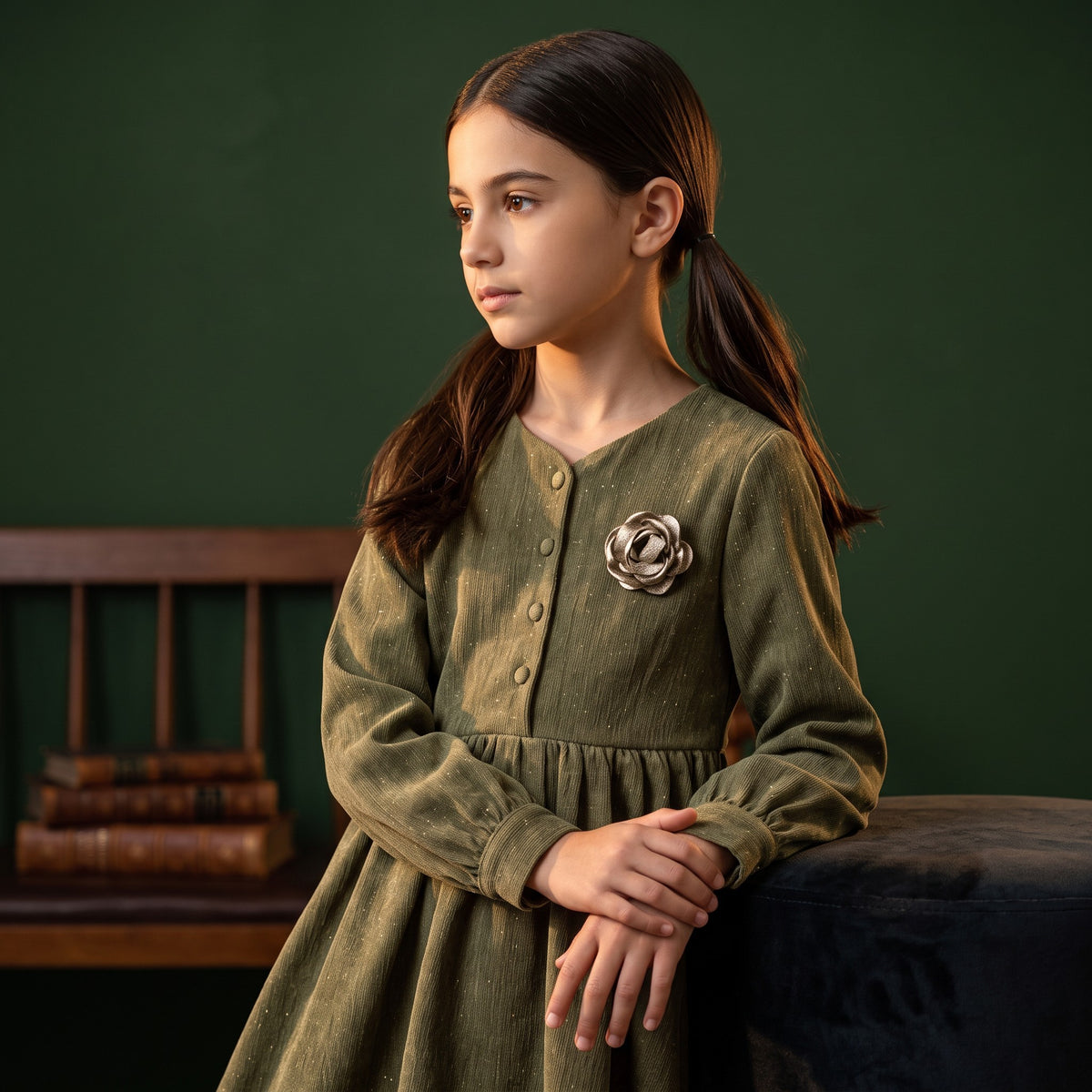 JOANNA FASHION olive green long sleeve corduroy dress with a rose floral appliqué on a young girl