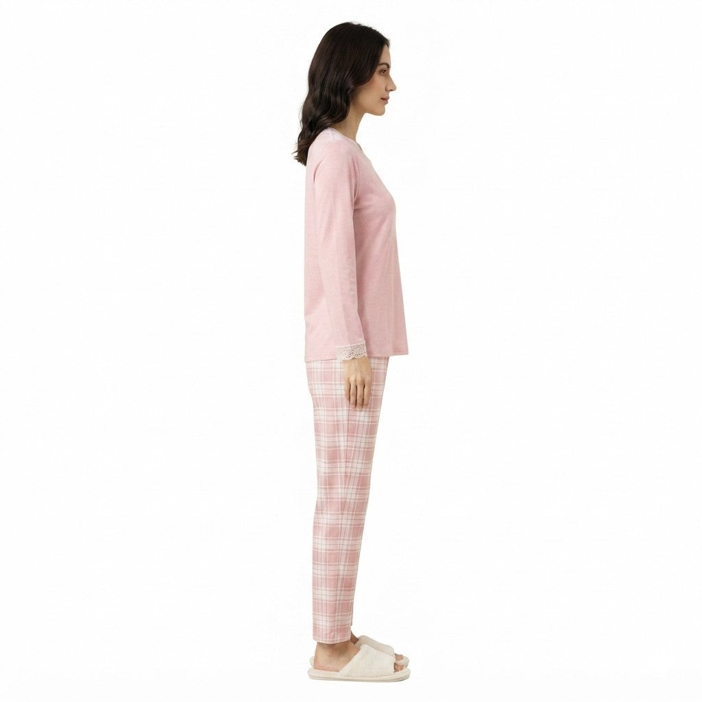 JOANNA FASHION pink long sleeve pajama set with lace trim and plaid trousers worn by a model in profile view