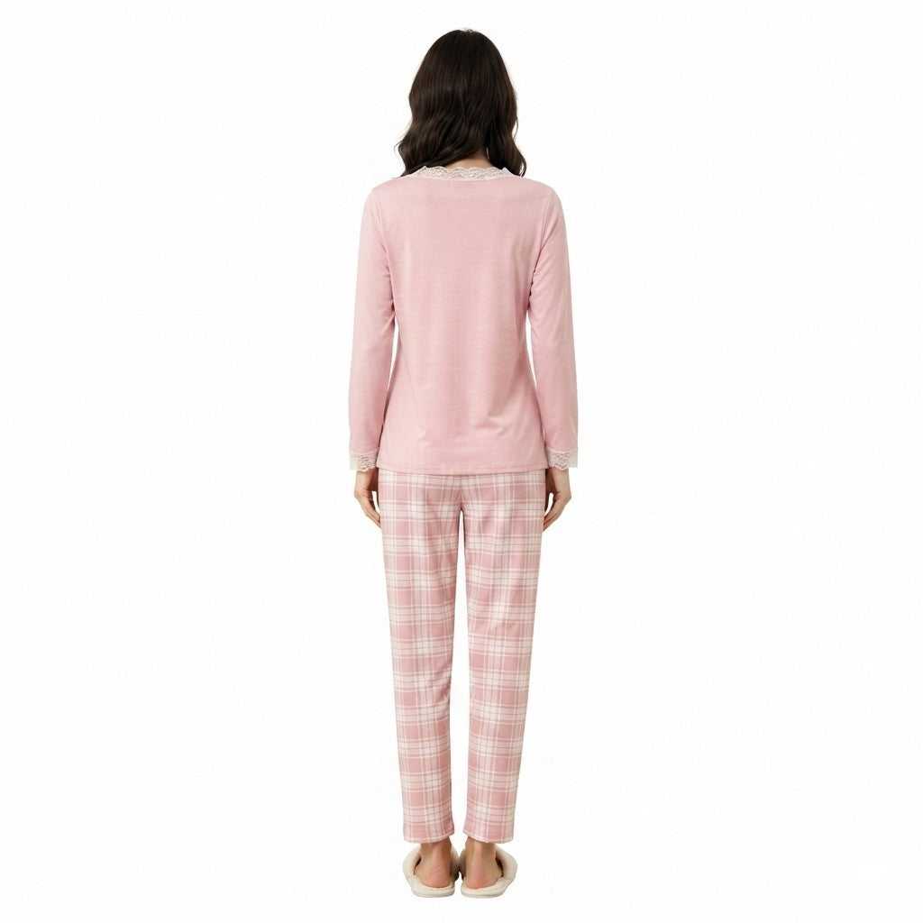 JOANNA FASHION pink long sleeve pajama set with plaid trousers and lace trim, viewed from the back on a model.