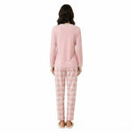 JOANNA FASHION pink long sleeve pajama set with plaid trousers and lace trim, viewed from the back on a model.