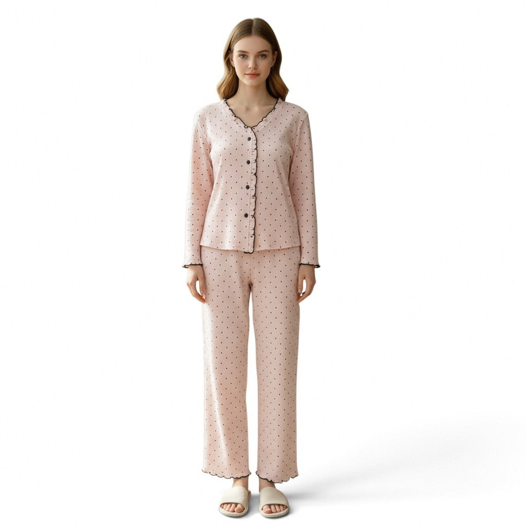 JOANNA FASHION women's pink polka-dot long sleeve button-down pajama set with scalloped trim on a model