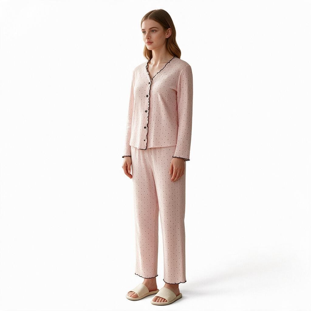 JOANNA FASHION light pink polka-dot long sleeve button-down pajama set with scalloped trim on a model