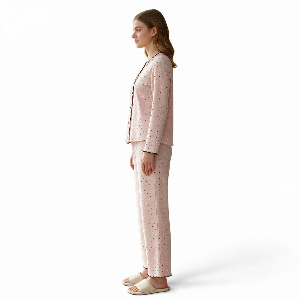 JOANNA FASHION pink polka-dot long sleeve button-down pajama set with scalloped trim worn by a woman in profile