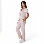 JOANNA FASHION women's pink polka dot pajama set with short sleeves, lettuce-edge trim, and bow accents on a model
