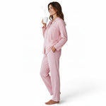 JOANNA FASHION pink polka dot button-down pajama set with contrast piping worn by a woman holding a coffee mug