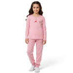 JOANNA FASHION girls pink long sleeve pajama set with red polka dots, henley neckline, and heart chest pocket detail