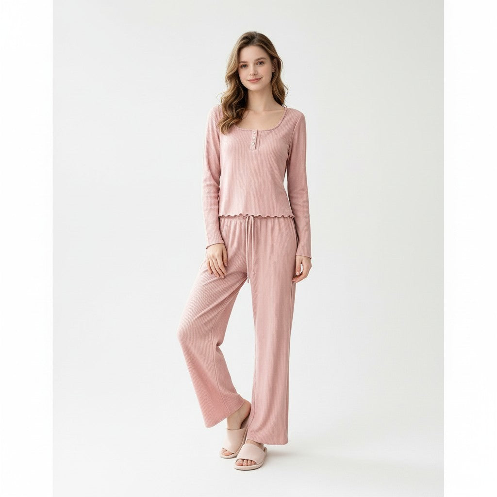 JOANNA FASHION pink ribbed lounge set with long-sleeve button-front top and wide-leg pants on a smiling model