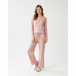 JOANNA FASHION pink ribbed lounge set with long-sleeve button-front top and wide-leg pants on a smiling model