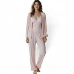 JOANNA FASHION three-piece ribbed loungewear set in soft pink featuring a lace-trimmed camisole, cardigan, and pants.