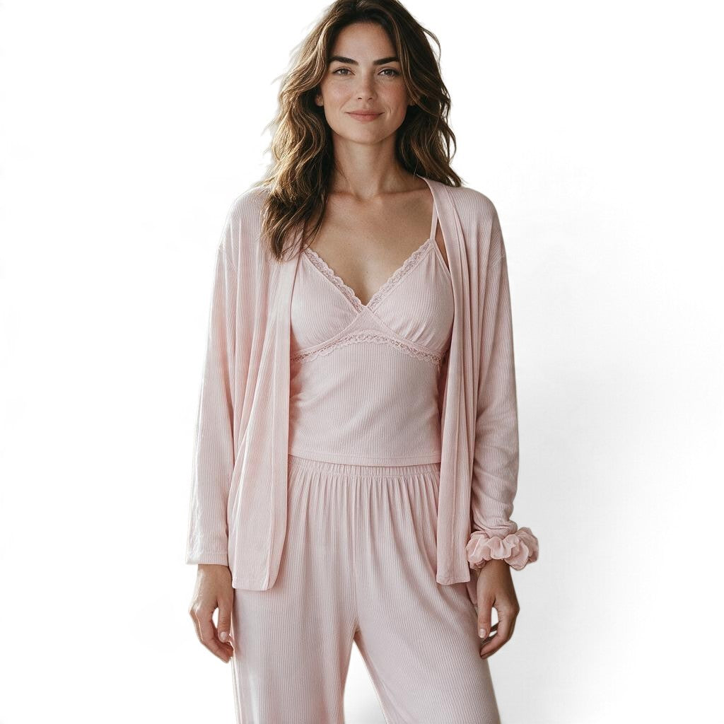 JOANNA FASHION light pink three-piece ribbed loungewear set featuring a lace-trimmed camisole, cardigan, and pants.