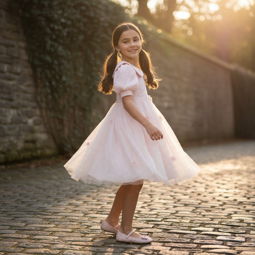 JOANNA FASHION pink tulle girls formal dress with lace bodice, puff sleeves, and floral accents on a cobblestone path