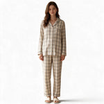 JOANNA FASHION classic plaid button-down pajama set in beige with black piping, worn by a woman on a white background.