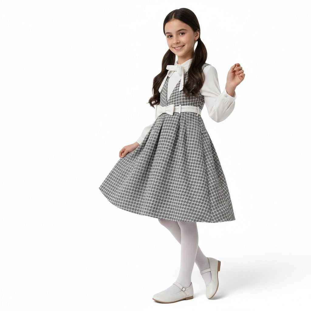 JOANNA FASHION girls classic plaid pinafore dress set with white blouse, bow-tie collar, and pleated skirt.