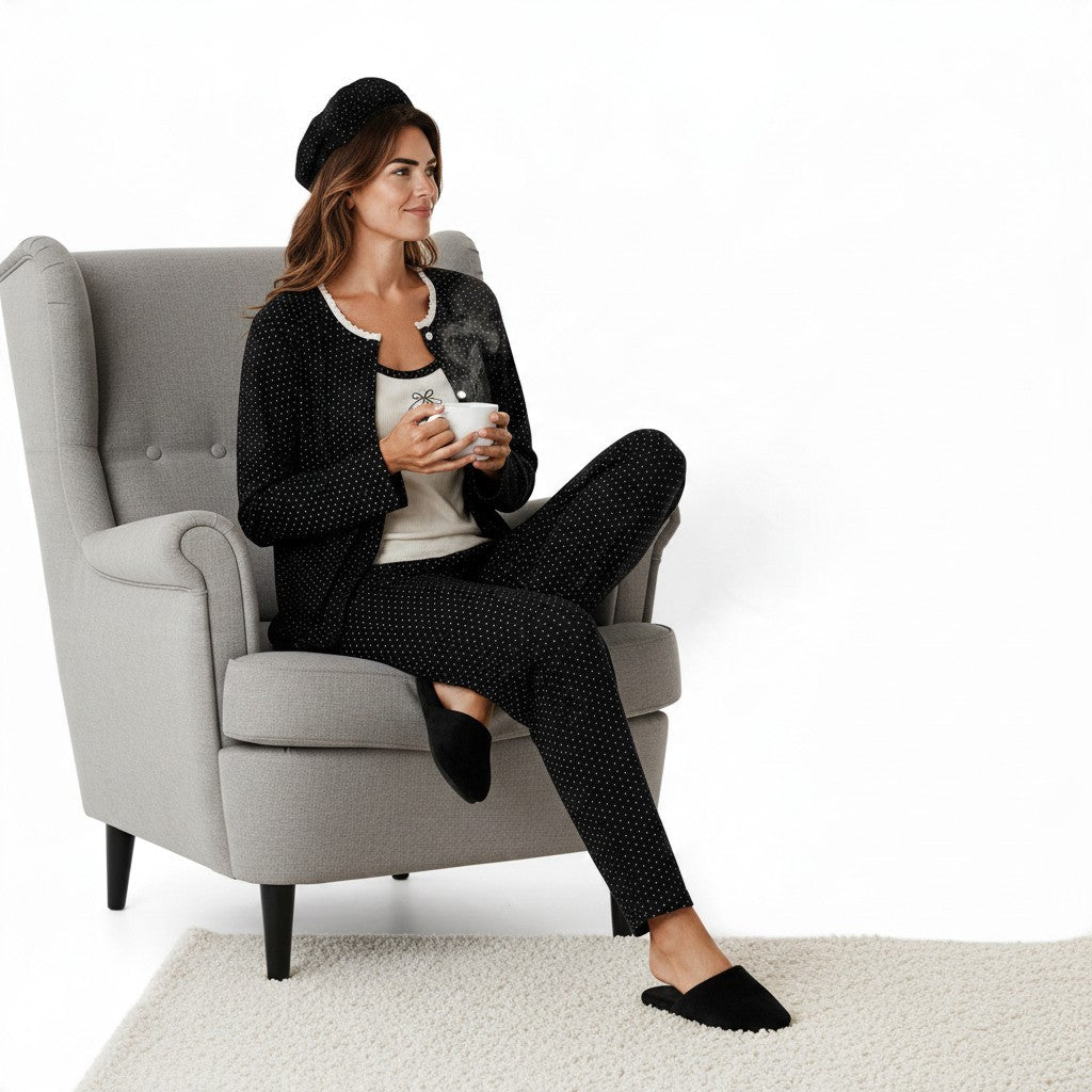 JOANNA FASHION three-piece polka dot pajama set with cardigan, tank top, pants, and headband worn by a woman in a chair
