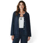 JOANNA FASHION navy blue polka dot three-piece pajama set with a cherry print tank top and button-down cardigan.