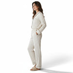 JOANNA FASHION cream polka dot button-down pajama set with contrast piping worn by a woman in profile view