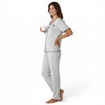 JOANNA FASHION women's polka dot pajama set with button-down top, lettuce-edge trim, and bow detail, worn by a woman.
