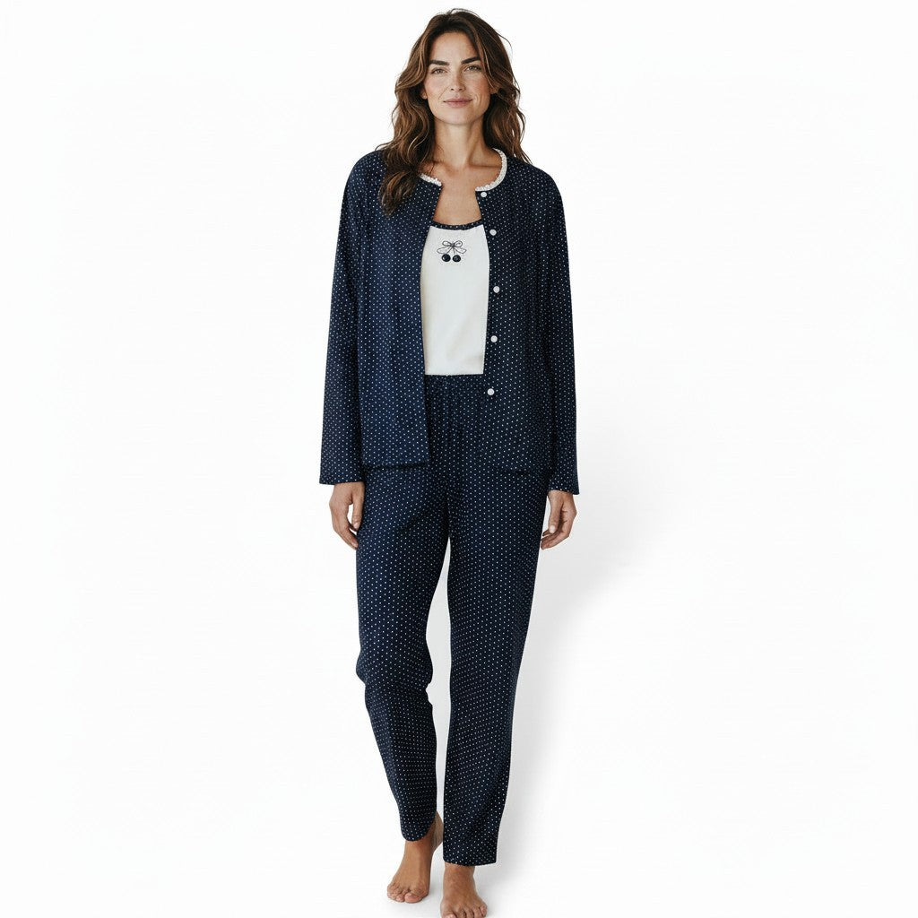 JOANNA FASHION three-piece polka dot pajama set with navy cardigan, pants, and white tank top with cherry motif.