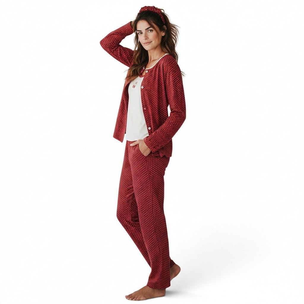 JOANNA FASHION three-piece polka dot pajama set with cardigan, tank top, pants, and headband in red and white.