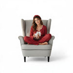 JOANNA FASHION red polka dot three-piece pajama set with cardigan, tank top, and headband worn by a woman in a chair.