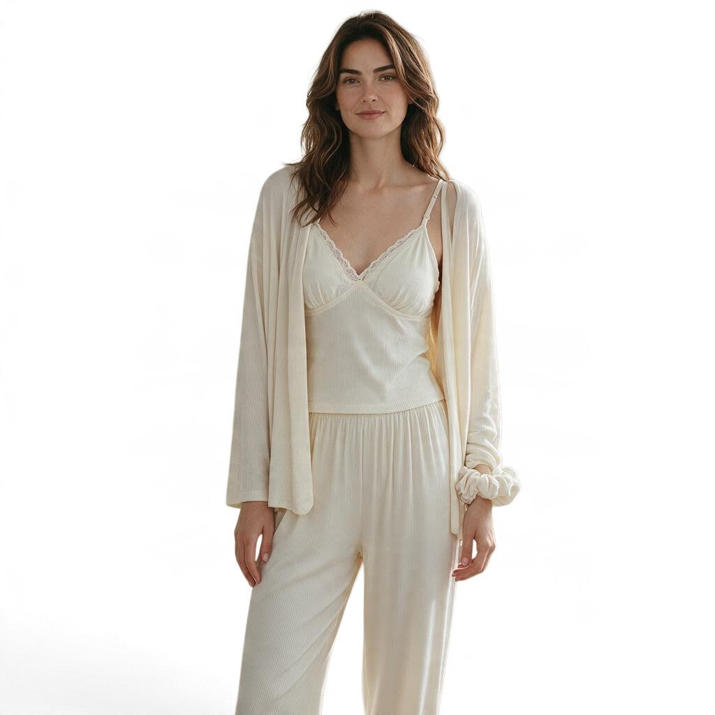 JOANNA FASHION cream ribbed three-piece loungewear set with lace-trimmed camisole, cardigan, and wide-leg lounge pants